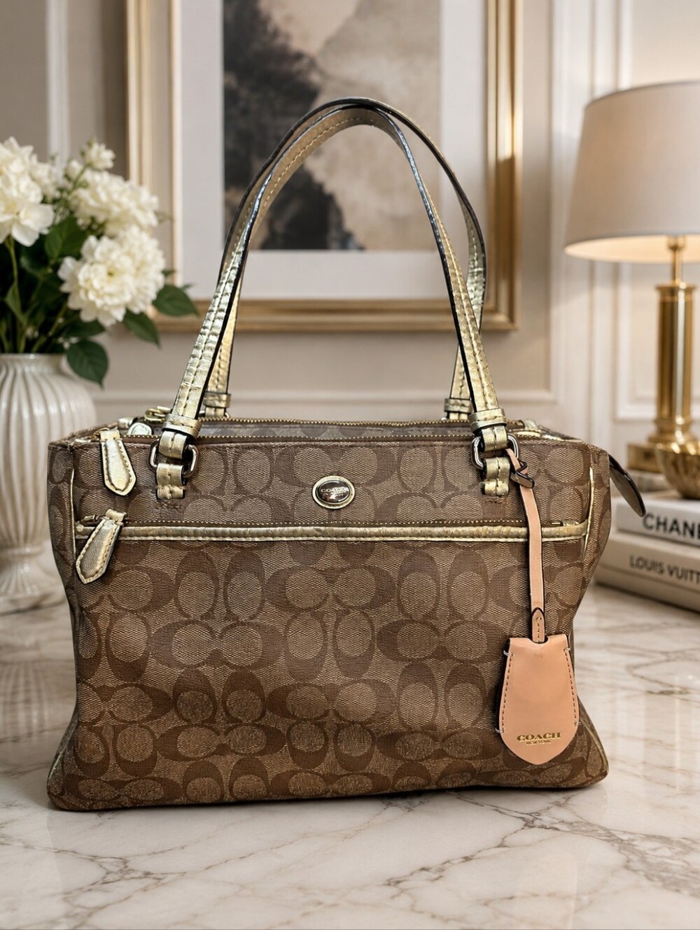COACH Signature Brown Monogram Satchel Gold Trim Shoulder Bag